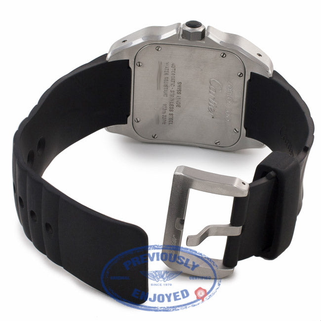 Cartier Santos 100 XL Black Rubber Bezel Stainless Steel Silver Dial Black Rubber Strap W20121U2 D2D0QA - Beverly Hills Watch Company Watch Store