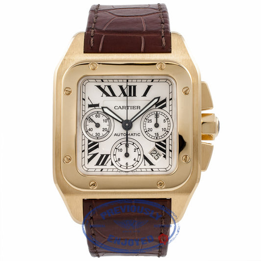 Cartier Santos 100 XL Chronograph 18K Yellow Gold Case Silver Dial W20096Y1 RVXPKM - Beverly Hills Watch Company Watch Store