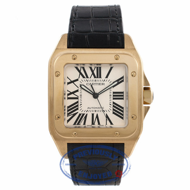 Cartier Santos Yellow Gold White Dial Black Alligator Strap W20071Y1 5L2F5Y - Beverly Hills Watch Store