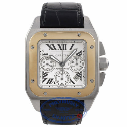 Cartier Santos XL Yellow Gold Stainless Steel Automatic Chronograph Silver Dial Black Alligator Strap W20091X7 43C7R1 - Beverly Hills Watch Company Watch Store