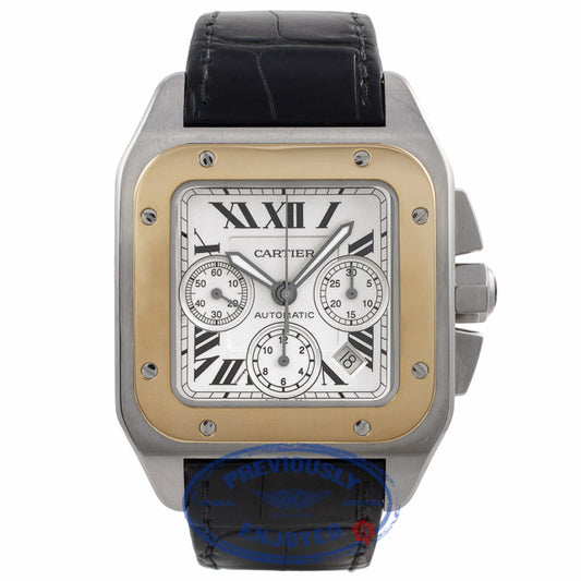 Cartier Santos XL Yellow Gold Stainless Steel Automatic Chronograph Silver Dial Black Alligator Strap W20091X7 43C7R1 - Beverly Hills Watch Company Watch Store