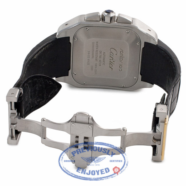 Cartier Santos XL Yellow Gold Stainless Steel Automatic Chronograph Silver Dial Black Alligator Strap W20091X7 43C7R1 - Beverly Hills Watch Company Watch Store