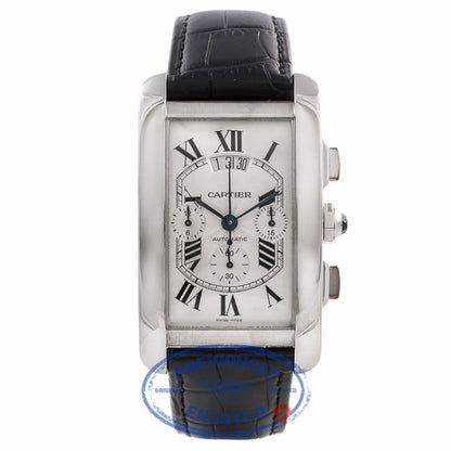Cartier Tank Americain Chronograph XL Gents 18k White Gold Silver Dial Black Leather Strap W2609456 PW18LH - Beverly Hills Watch Company Watch Store