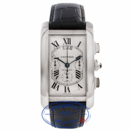 Cartier Tank Americain Chronograph XL Gents 18k White Gold Silver Dial Black Leather Strap W2609456 PW18LH - Beverly Hills Watch Company Watch Store