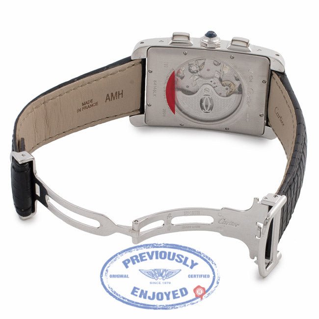 Cartier Tank Americain Chronograph XL Gents 18k White Gold Silver Dial Black Leather Strap W2609456 PW18LH - Beverly Hills Watch Company Watch Store