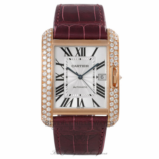 Cartier Tank Anglaise 36.2MM XL 18k Rose Gold Diamond Case Silver Dial Claret Red Alligator Strap WT100021 QQ5YKP - Beverly Hills Watch Company Watch Store