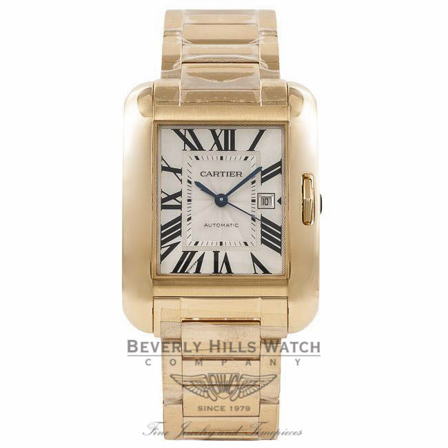 Cartier Tank Anglaise Large 18K Yellow Gold Bracelet Silver Roman Dial Watch W53100018 Beverly Hills Watch Company Watches
