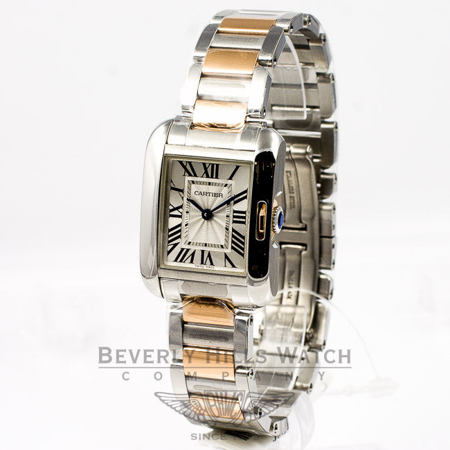 Cartier Tank Anglaise Stainless Steel Rose Gold Silver Roman Dial Quartz Ladies Watch W5310019 Beverly Hills Watch Company Watches