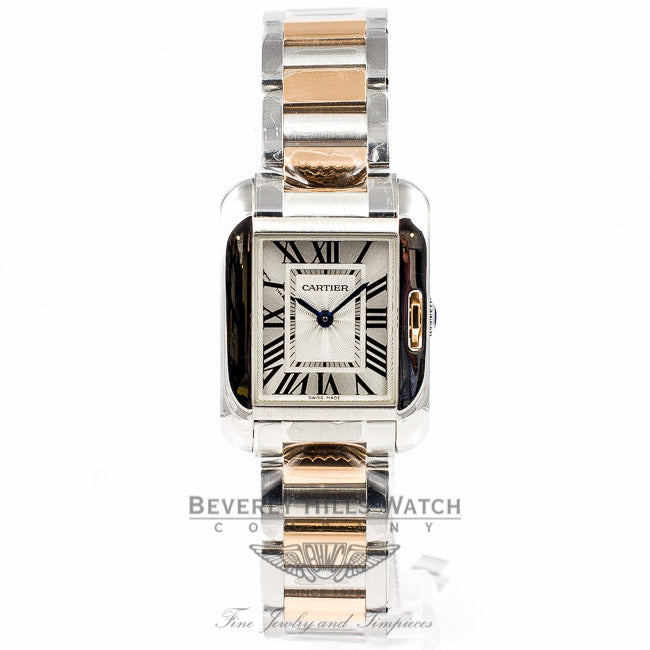 Cartier Tank Anglaise Stainless Steel Rose Gold Silver Roman Dial Quartz Ladies Watch W5310019 Beverly Hills Watch Company Watches