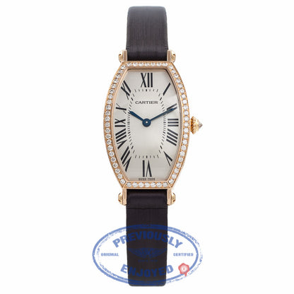 Cartier Tonneau Small 18k Rose Gold Silver Sunray Dial Diamond Bezel WE400331 RIQMX3 - Beverly Hills Watch Company Watch Store
