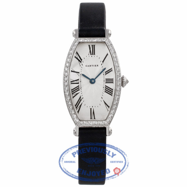Cartier Tonneau Small Manual-Wind 18k White Gold Diamond Bezel Silver Dial Satin Strap WE400131 T5P8HR - Beverly Hills Watch Company Watch Store