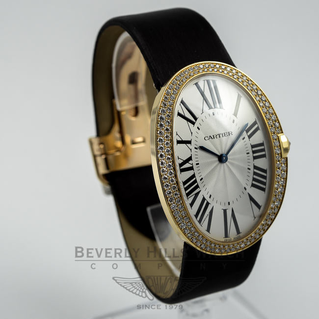 Large Cartier Baignoire 18K Yellow Gold Case Diamond Bezel Fabric Satin Strap Ladies Watch WB520022 Beverly Hills Watch Company Watches