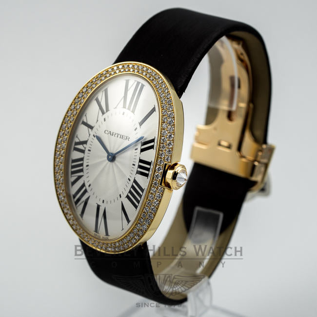 Large Cartier Baignoire 18K Yellow Gold Case Diamond Bezel Fabric Satin Strap Ladies Watch WB520022 Beverly Hills Watch Company Watches