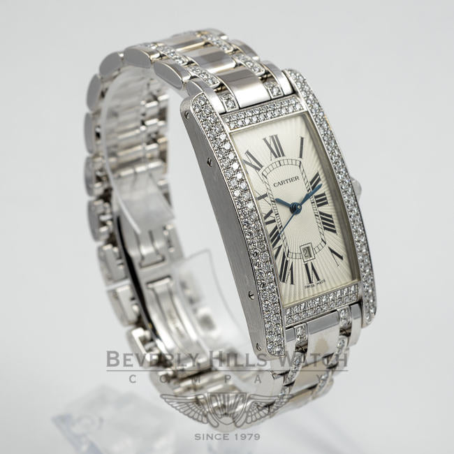 Cartier Tank American Medium 18K White Gold Diamond Bezel and 2 Row Diamond Bracelet Watch Beverly Hills Watch Company Watches