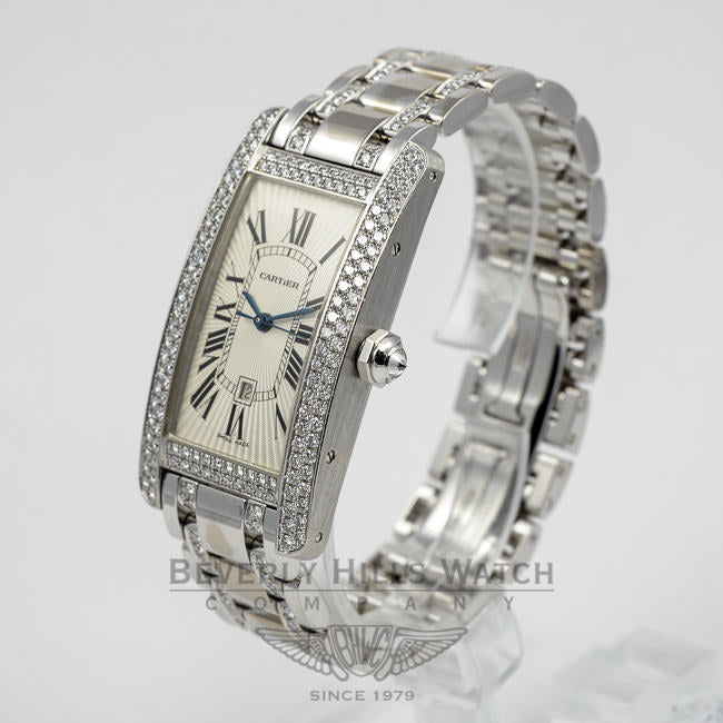Cartier Tank American Medium 18K White Gold Diamond Bezel and 2 Row Diamond Bracelet Watch Beverly Hills Watch Company Watches