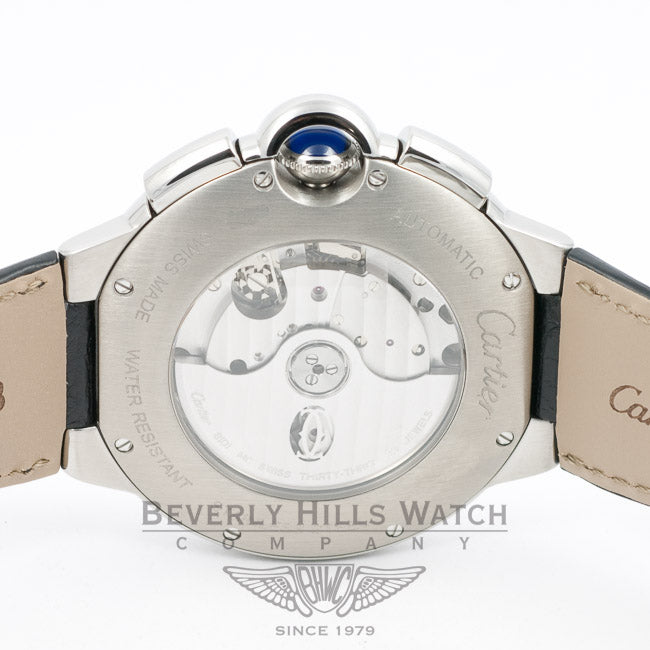 Cartier Ballon Bleu Stainless Steel Chronograph Crocodile Leather Strap Black Dial W6920052 Beverly Hills Watch Company Watches