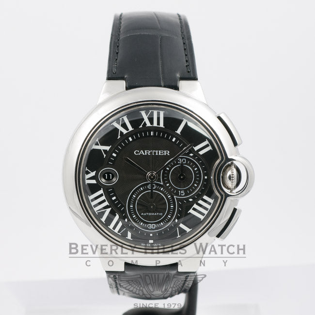 Cartier Ballon Bleu Stainless Steel Chronograph Crocodile Leather Strap Black Dial W6920052 Beverly Hills Watch Company Watches