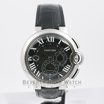 Cartier Ballon Bleu Stainless Steel Chronograph Crocodile Leather Strap Black Dial W6920052 Beverly Hills Watch Company Watches
