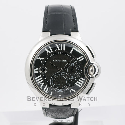 Cartier Ballon Bleu Stainless Steel Chronograph Crocodile Leather Strap Black Dial W6920052 Beverly Hills Watch Company Watches