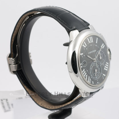 Cartier Ballon Bleu Stainless Steel Chronograph Crocodile Leather Strap Black Dial W6920052 Beverly Hills Watch Company Watches