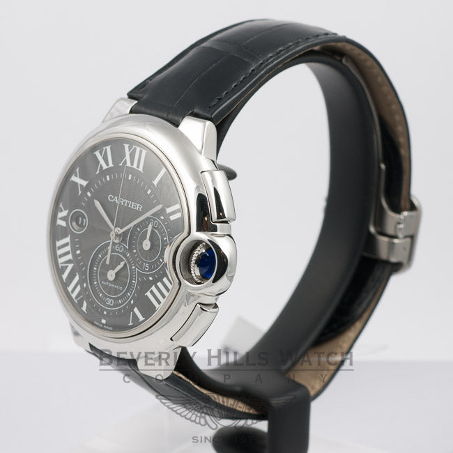 Cartier Ballon Bleu Stainless Steel Chronograph Crocodile Leather Strap Black Dial W6920052 Beverly Hills Watch Company Watches