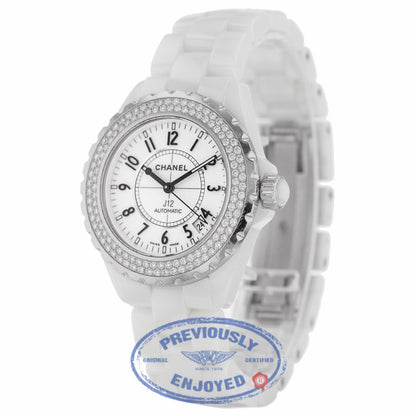 Chanel J12 White Ceramic Bracelet 38mm Double Row Diamond Bezel Watch H0969 RHGZBH - Beverly Hills Watch Company
