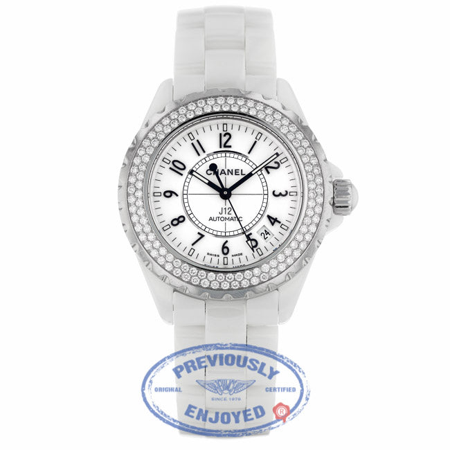 Chanel J12 White Ceramic Bracelet 38mm Double Row Diamond Bezel Watch H0969 RHGZBH - Beverly Hills Watch Company