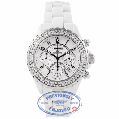 Chanel J-12 White Ceramic 41MM Chronograph Diamond Bezel H1008 AKUER2 - Beverly Hills Watch Company Watch Store
