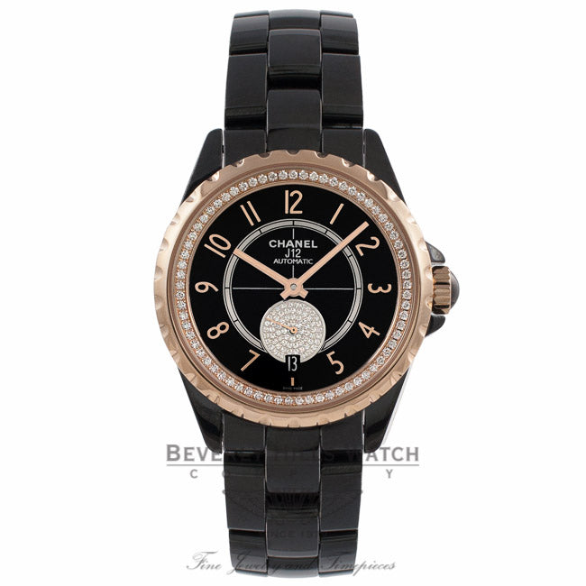 Chanel J 12 36MM Automatic Black Ceramic 18k Beige Gold Bezel & Crown Black Guilloche Dial H3842 JRAWMX - Beverly Hills Watch Company Watch Store
