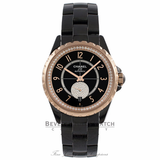 Chanel J 12 36MM Automatic Black Ceramic 18k Beige Gold Bezel & Crown Black Guilloche Dial H3842 JRAWMX - Beverly Hills Watch Company Watch Store