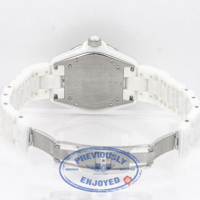 Chanel J12 White Ceramic Bracelet Double Row Diamond Bezel White Arabic numeral Dial Watch H0960 Beverly Hills Watch Company Watch Store