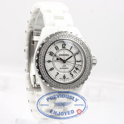 Chanel J12 White Ceramic Bracelet Double Row Diamond Bezel White Arabic numeral Dial Watch H0960 Beverly Hills Watch Company Watch Store