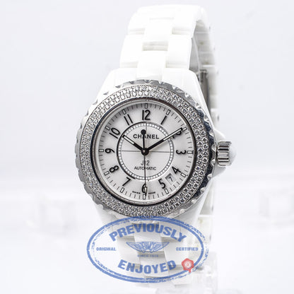 Chanel J12 White Ceramic Bracelet Double Row Diamond Bezel White Arabic numeral Dial Watch H0960 Beverly Hills Watch Company Watch Store