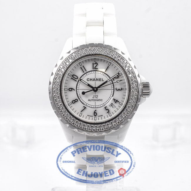Chanel J12 White Ceramic Bracelet Double Row Diamond Bezel White Arabic numeral Dial Watch H0960 Beverly Hills Watch Company Watch Store