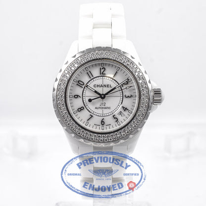 Chanel J12 White Ceramic Bracelet Double Row Diamond Bezel White Arabic numeral Dial Watch H0960 Beverly Hills Watch Company Watch Store