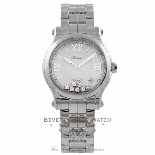 Chopard Happy Sport Medium Stainless Steel Silver Dial 7 Floating Diamonds on Bracelet 278559-3002 7ZJF8Q - Beverly Hills Watch Company Watch Store