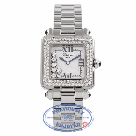 Chopard Happy Sport Square Medium Stainless Steel 18K White Gold Diamond Bezel 27/8361-23 VA2Y3R - Beverly Hills Watch Company Watch Store