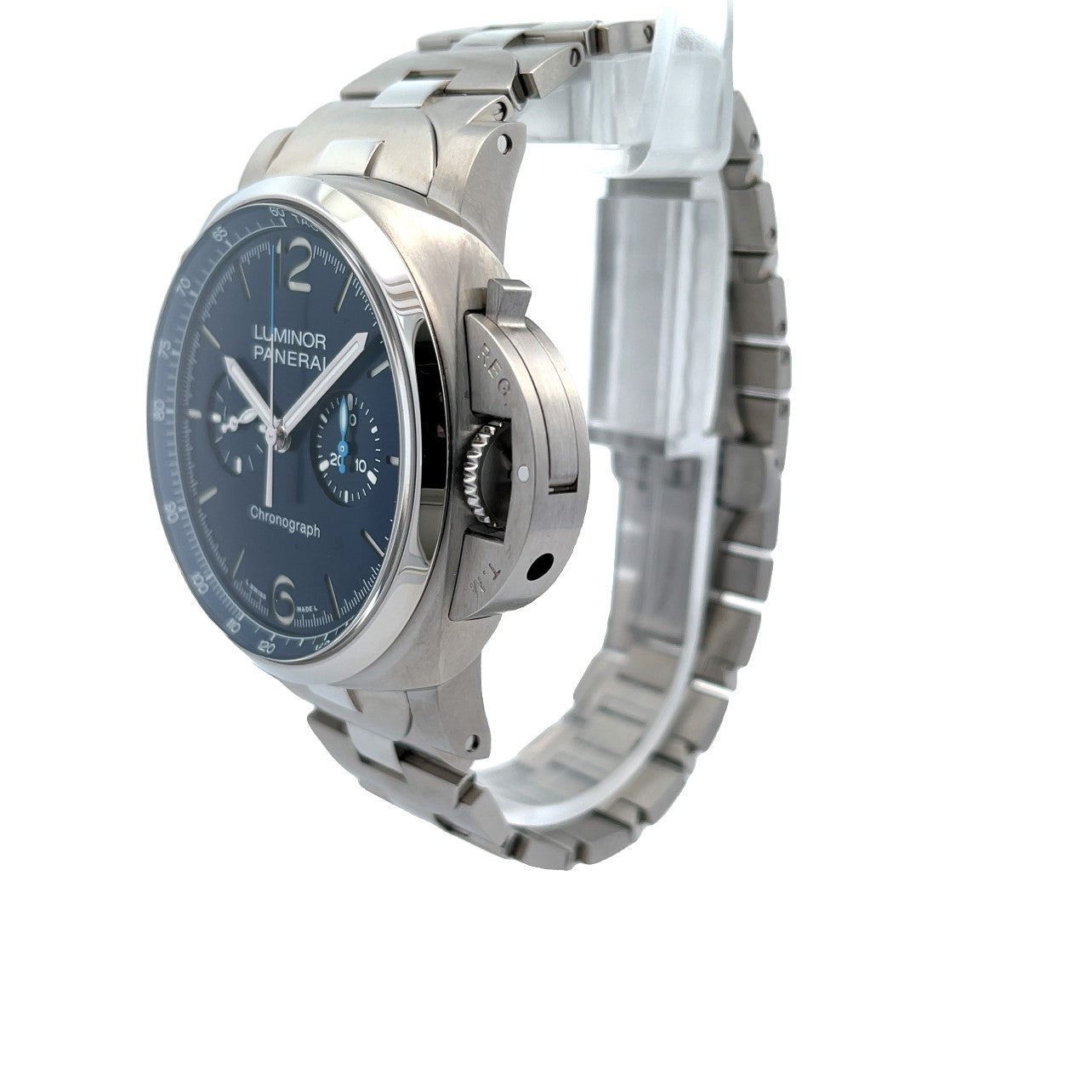 Panerai Luminor Chronograph 44mm Stainless Steel Blue Dial PAM01110 - Beverly Hills Watch Company