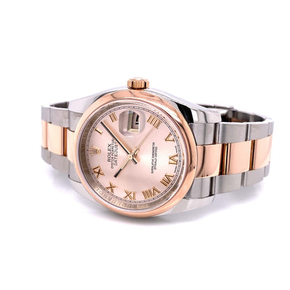 Rolex Datejust 36MM Stainless Rose Gold Domed Bezel Pink Roman Dial 116201 CYWLJ7 - Beverly Hills Watch Company