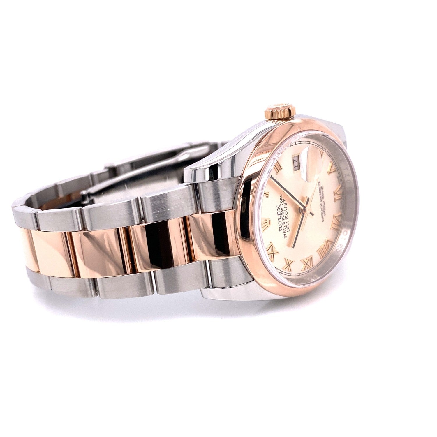 Rolex Datejust 36MM Stainless Rose Gold Domed Bezel Pink Roman Dial 116201 CYWLJ7 - Beverly Hills Watch Company
