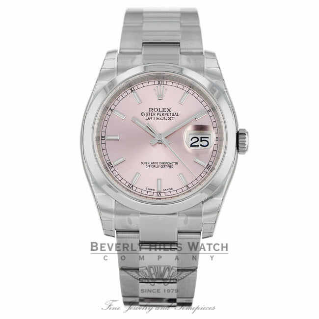 Rolex Datejust 36mm Stainless Steel Oyster Bracelet Pink Stick Dial Domed Bezel Watch 116200 - NWV4N3 - Beverly Hills Watch Company Watch Store