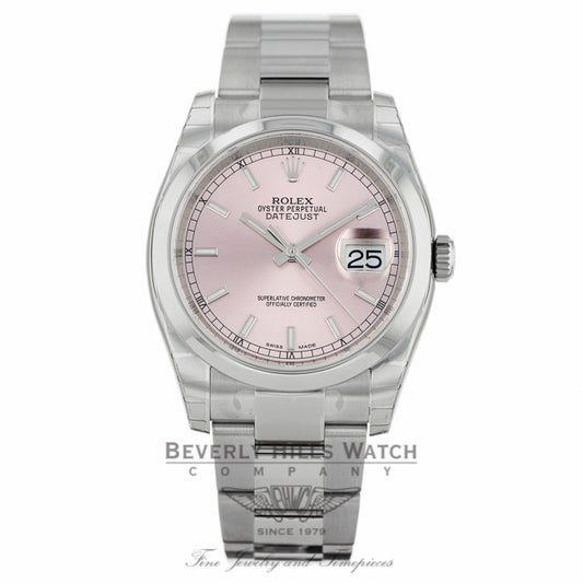 Rolex Datejust 36mm Stainless Steel Oyster Bracelet Pink Stick Dial Domed Bezel Watch 116200 - NWV4N3 - Beverly Hills Watch Company Watch Store