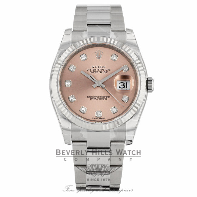 Rolex Datejust 36mm Stainless Steel White Gold Fluted Bezel Pink Diamond Dial 116234 - Beverly Hills Watch