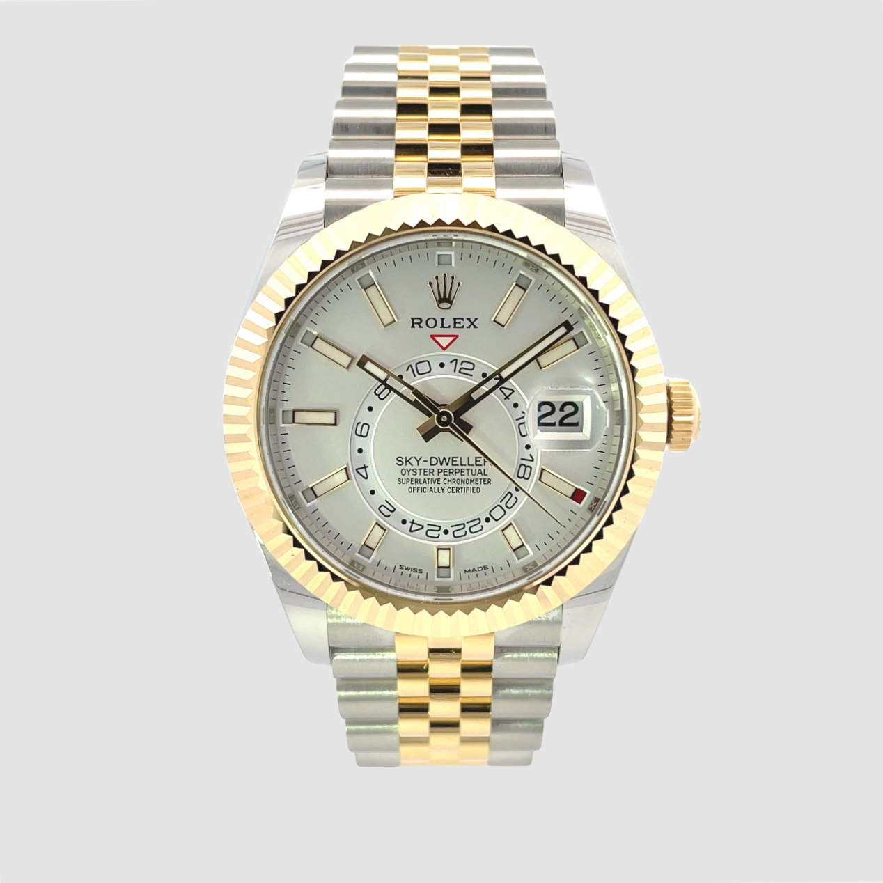 Rolex Sky-Dweller Yellow Gold and Stainless Steel Silver Dial Jubilee 326933 - Beverly Hills Watch Company
