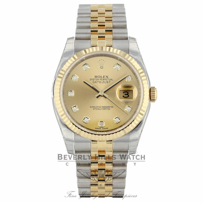 Rolex Datejust 36MM 18K Yellow Gold Stainless Steel 18k Yellow Gold Fluted Bezel Champagne Diamond Dial 116233 - Beverly Hills Watch Company