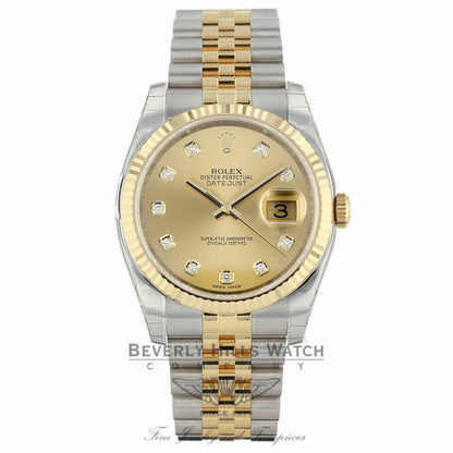 Rolex Datejust 36MM 18K Yellow Gold Stainless Steel 18k Yellow Gold Fluted Bezel Champagne Diamond Dial 116233 - Beverly Hills Watch Company