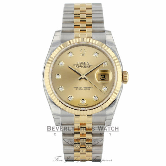 Rolex Datejust 36MM 18K Yellow Gold Stainless Steel 18k Yellow Gold Fluted Bezel Champagne Diamond Dial 116233 - Beverly Hills Watch Company