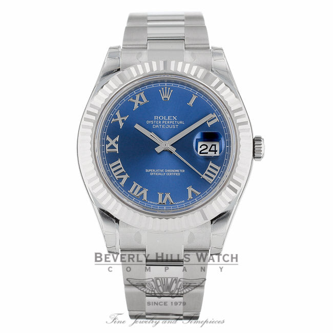Rolex Datejust II 41mm Stainless Steel White Gold Fluted Bezel Blue Roman Dial 116334 - Beverly Hills Watch