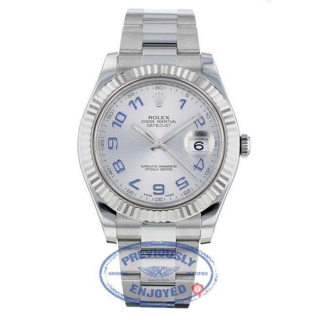 Rolex Datejust II 41mm White Gold Fluted Bezel Stainless Steel Silver Arabic Dial 116334 - Beverly Hills Watch
