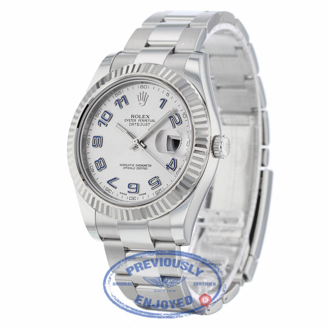 Rolex Datejust II 41mm White Gold Fluted Bezel Stainless Steel Silver Arabic Dial 116334 - Beverly Hills Watch